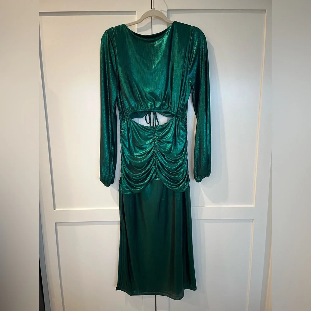 Sugarlips Cannes Liquid Satin Ruched Cut Out Green Midi Dress | Large